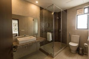 加尔各答Park Suites的一间带水槽、卫生间和淋浴的浴室