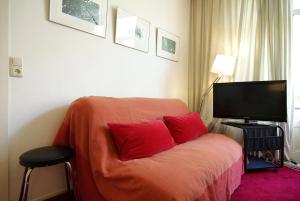 阿姆斯特丹Wooden Mill B&B的一间卧室配有一张带红色枕头的床和电视。