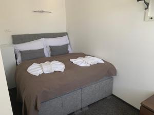 布拉迪斯拉发格拉西亚船上酒店的一间卧室配有一张床,上面有两条毛巾