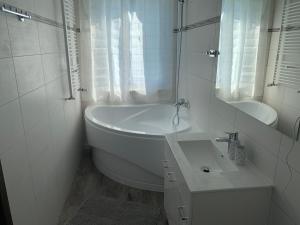 布拉迪斯拉发格拉西亚船上酒店的白色的浴室设有浴缸和水槽。