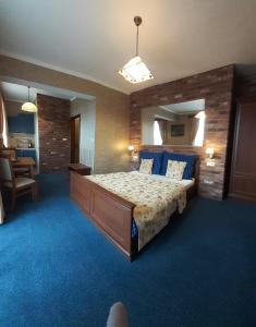 Zlatníky奥鲁姆旅馆的一间卧室配有一张大床,铺有蓝色地毯