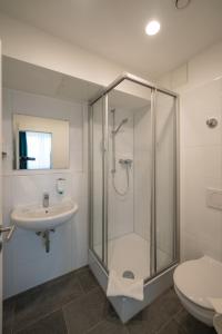 杜塞尔多夫Apartment Düsseldorf Nord的带淋浴、盥洗盆和卫生间的浴室