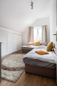布达厄尔什Luca Holiday House的一间带两张床的卧室和地毯