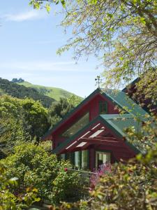 但尼丁Hereweka Garden Retreat的绿色屋顶的红色房子