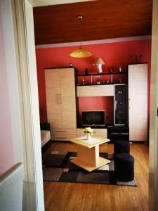 索科矿泉村Apartman Luka的客厅设有桌子和红色的墙壁