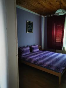 索科矿泉村Apartman Luka的一间卧室配有紫色床单和紫色床