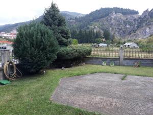 SérviaHotel Kastro的一个带栅栏和松树的院子