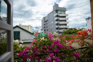 顺化明丹旅馆的从粉红色鲜花的城市窗口欣赏美景