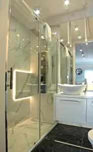 托伦Blue Velvet Premium Apartments II的一间带玻璃淋浴和水槽的浴室