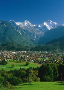 因特拉肯Hotel Blume Interlaken的山谷中的一个小镇,有雪盖的山脉
