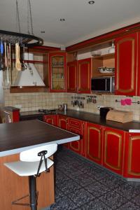 Falsztyn威拉波德哈勒度假屋的厨房配有红色橱柜和黑色台面