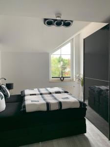 爱尔福特Luxus Appartement Brühlervorstadt Erfurt的一间带床的卧室,位于带窗户的房间内