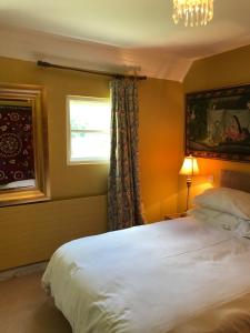 博里斯Corriebeg Cottage的一间卧室设有一张床、一个窗户和一个吊灯。