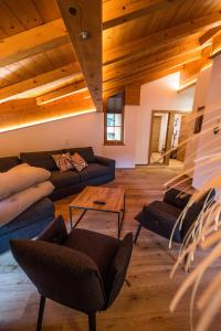 菲伯布伦Leni´s Appartements的带沙发和木制天花板的客厅