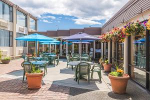 坎贝尔河海岸探索酒店的一个带桌椅和蓝伞的庭院