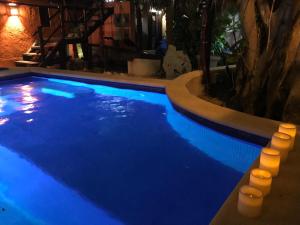 莫雷洛斯港阿马尔酒店的游泳池在晚上亮蓝色
