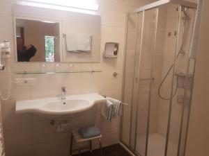 巴德加斯坦Comfort Rooms Bruckner的一间带水槽和玻璃淋浴的浴室