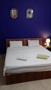 安曼约旦河酒店的一间卧室配有一张白色大床和蓝色的墙壁