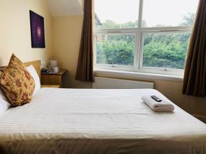 泰晤士河畔金斯顿Albert Guest House的一间卧室配有一张带遥控器的床