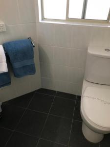梅林布拉Fairway Motor Inn的一间带卫生间和蓝毛巾的浴室