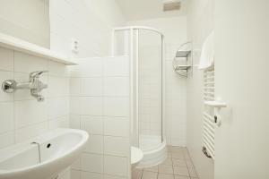 布拉格咪咕拉舍阿列什旅舍 的白色的浴室设有水槽和淋浴。
