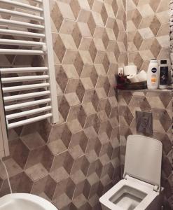 蒂瓦特Laguna apartment的一间带卫生间和瓷砖墙的浴室