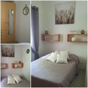 滨海阿热莱斯Résidence Parc de la mer - Apprt 3 chambres的一张卧室的两张照片,卧室里有一张床