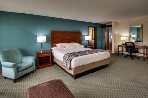 休斯顿Sonesta Essential Houston Hobby Airport的配有一张床和一把椅子的酒店客房