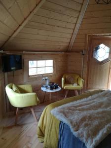 Mousseaux-sur-Seine格鲁休闲设施露营地的一间卧室配有一张床、两把椅子和一台电视