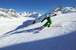 菲施阿尔皮纳酒店的一个人在雪覆盖的山里滑雪