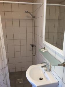 伦斯楚普龙斯特露艾格隆汽车旅馆的一间带水槽、镜子和淋浴的浴室