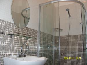乌兰巴托特索蒙斯服务式公寓的带淋浴、盥洗盆和镜子的浴室