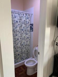 旧金山阿德里安酒店的浴室配有带浴帘的卫生间
