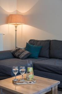 迪尔森-斯托科姆‘t Vaerthuys的带沙发的客厅和桌子上的两杯酒杯