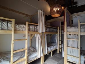 大阪Mad Cat Hostel Osaka & Bar的带吊灯的客房内的四张双层床