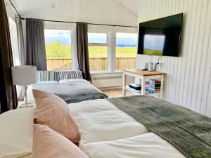 博尔加内斯Lundur的一间卧室设有两张床、一台电视和一扇窗户。