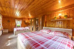 耶塞尼克Chata HANA的小木屋内一间卧室,配有两张床