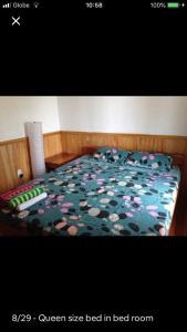 锡基霍尔Hillside Village apartment 72sqm size with kitchen的一张带绿棉被和鲜花的床