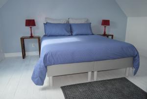坡隆维茨普尔扎伊Ty Mamm Gozh的一间卧室配有一张带蓝色床单的床和两盏灯。