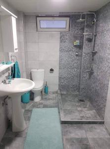 奥赫里德Apartment NIKOLA ORANGE的带淋浴、卫生间和盥洗盆的浴室