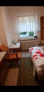 埃尔布隆格POKÓJ POMORSKA的客房设有床、桌子和窗户。