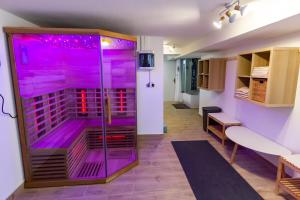 皮耶什佳尼Arya vila的紫色灯光客房内的步入式淋浴间