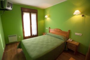 坎加斯-德奥尼斯Pension Monteverde的绿色卧室设有床和窗户