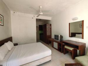 甘文丁Jana View Condotel MN的一间卧室配有一张床、一张书桌和一台电视
