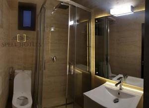 Căpăţîneni-PămînteniSpell Hotels的浴室配有卫生间、盥洗盆和淋浴。