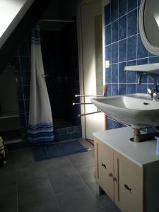 普勒默尔博杜Gite de Kerianégan的浴室设有水槽和蓝色瓷砖淋浴。