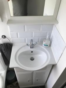 北安普敦老屠夫公寓的浴室设有白色水槽和镜子