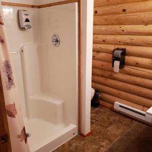 ThayneWolf Den Log Cabin Motel and RV Park的带淋浴和卫生间的浴室