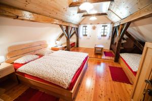 Krška VasSleme house的一间卧室设有两张床和木制天花板