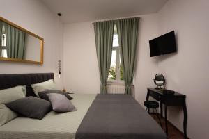 普拉Apartment Altana with free parking的一间卧室配有一张床、一台电视和一个窗口